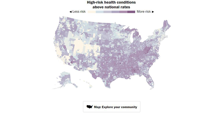 Map of the United States showing regions with higher risks of severe COVID-19.