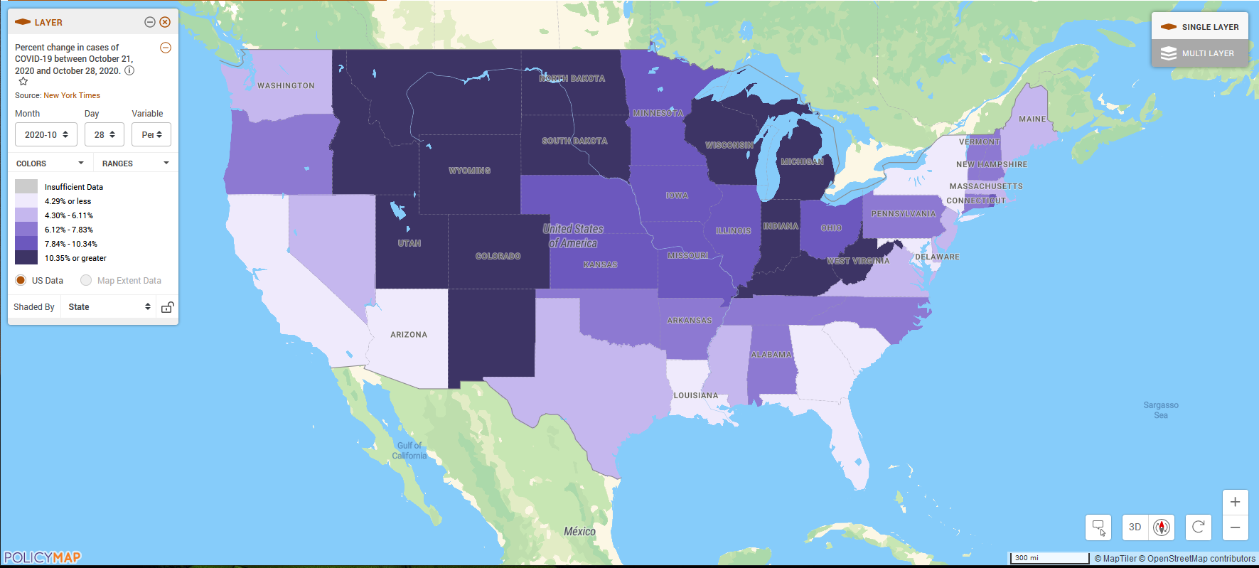 Map of the United States shows a seven-day percent change in COVID-19 cases. States in the upper mid-west - North and South Dakota, Montana, Wyoming, Idaho, and Wisconsin have the most significant percent change in cases. 