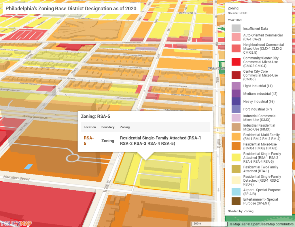 Map of 3D Philadelphia's Zoning Base District Designation as of 2020